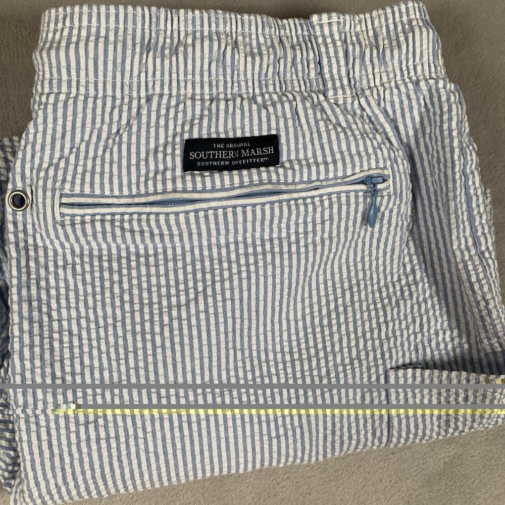 Southern Marsh Swim Trunks Mens Large Blue White Striped Seersucker Draw String